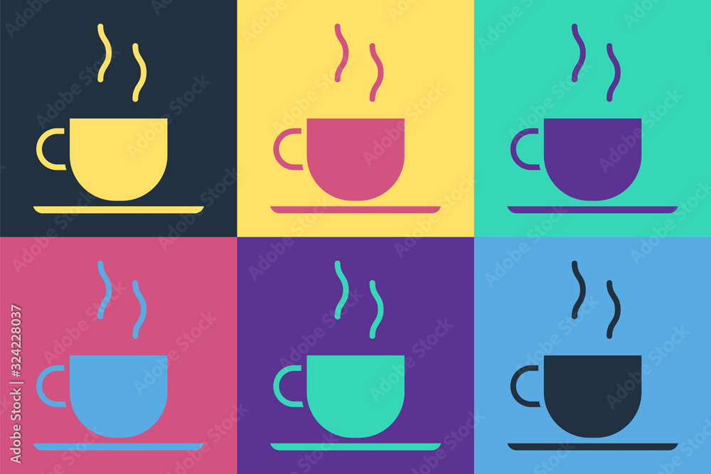 Pop art Coffee cup icon isolated on color background. Tea cup. Hot drink coffee. Vector Illustration