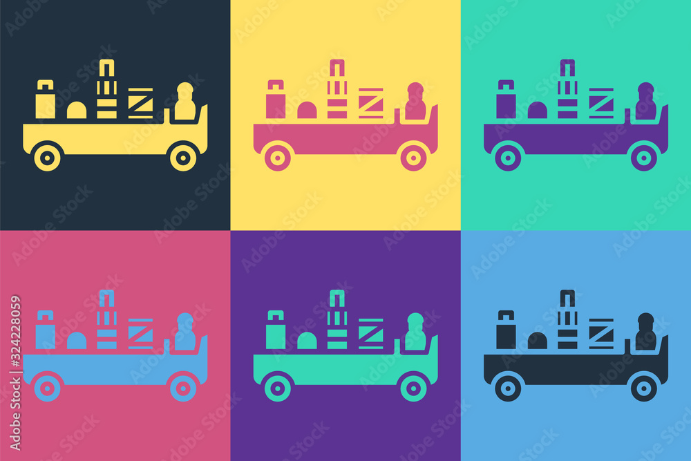 Pop art Airport luggage towing truck icon isolated on color background. Airport luggage delivery car