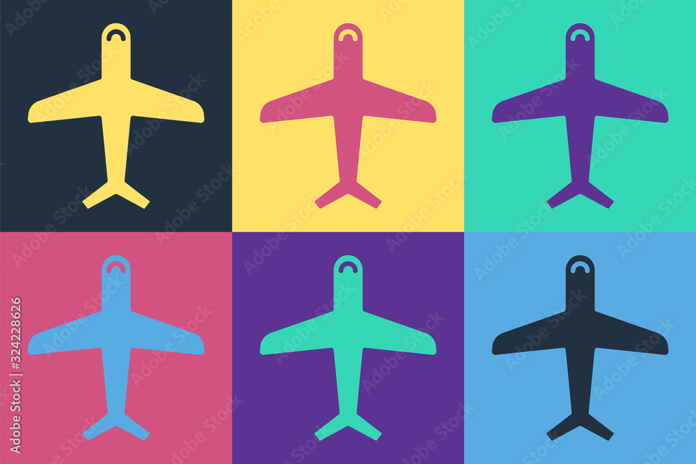 Pop art Plane icon isolated on color background. Flying airplane icon. Airliner sign. Vector Illustr