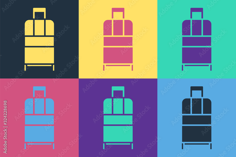 Pop art Suitcase for travel icon isolated on color background. Traveling baggage sign. Travel luggag