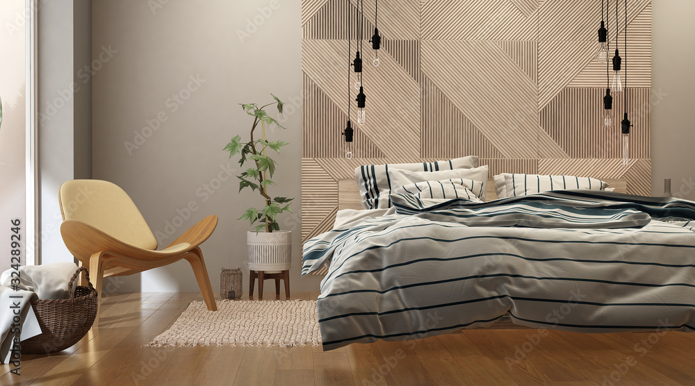 Modern bedroom interior with wooden decor in eco style