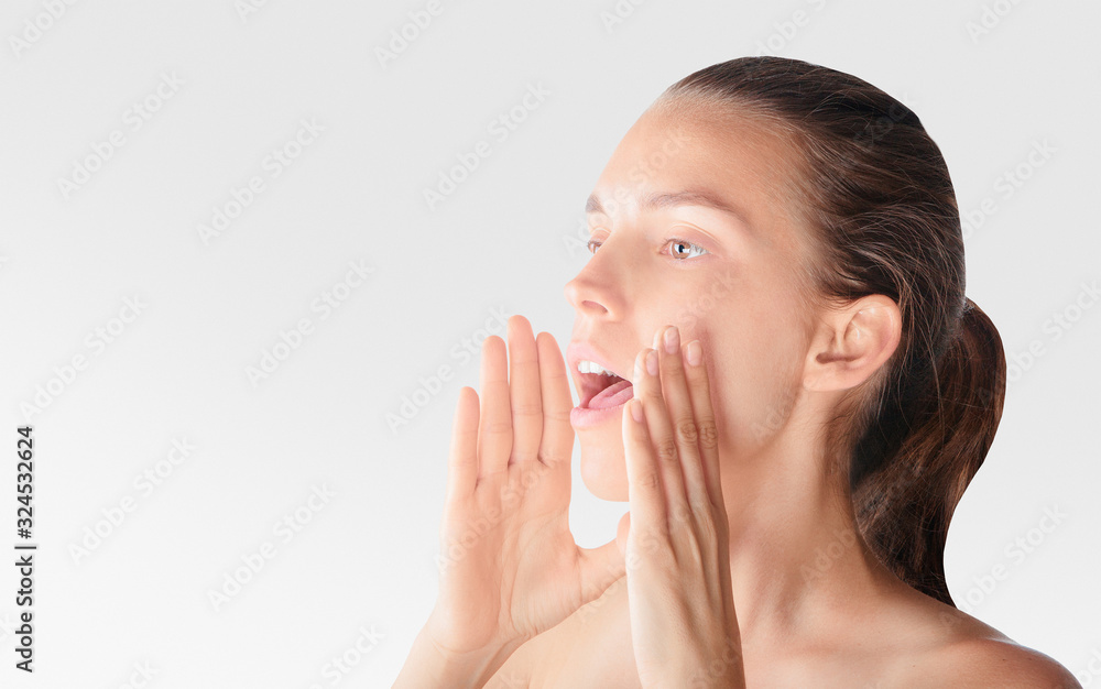 Close up of female mouth isolated on white background