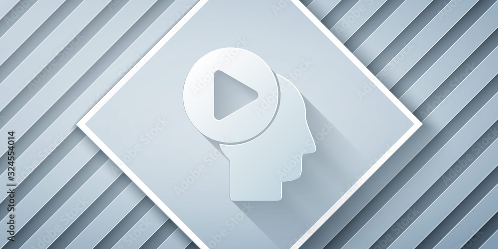 Paper cut Head people with play button icon isolated on grey background. Paper art style. Vector Ill