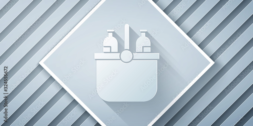 Paper cut Cooler bag and water icon isolated on grey background. Portable freezer bag. Handheld refr