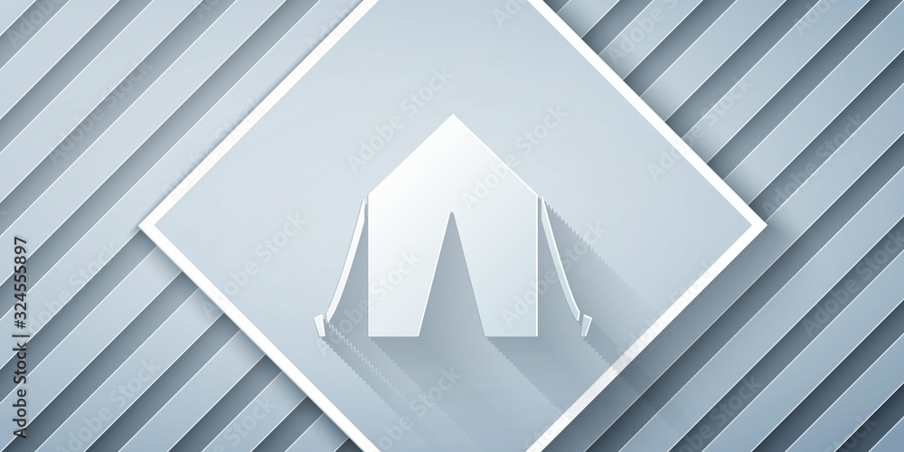 Paper cut Tourist tent icon isolated on grey background. Camping symbol. Paper art style. Vector Ill