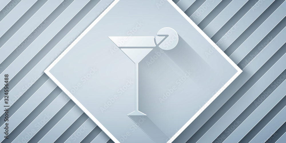 Paper cut Martini glass icon isolated on grey background. Cocktail icon. Wine glass icon. Paper art 