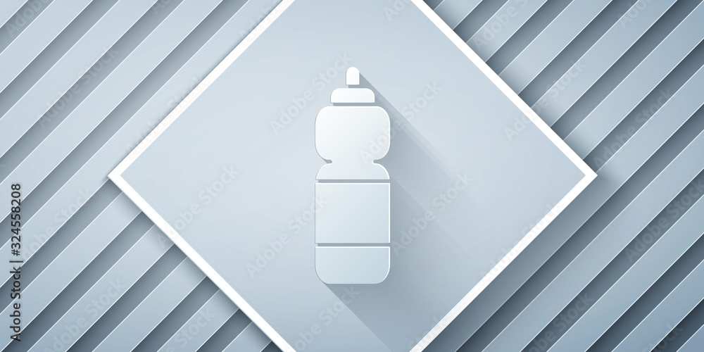 Paper cut Fitness shaker icon isolated on grey background. Sports shaker bottle with lid for water a