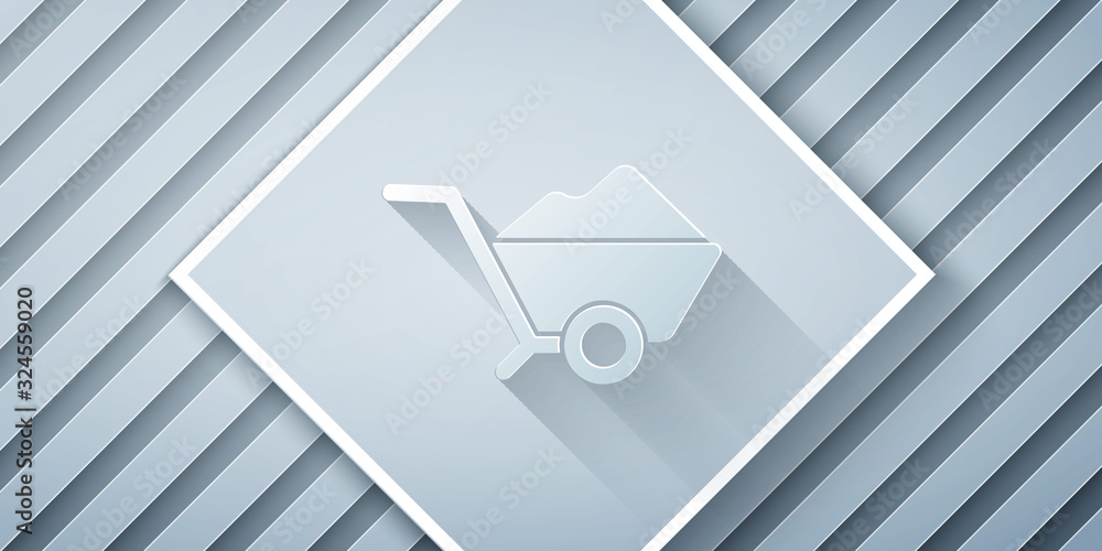 Paper cut Wheelbarrow with dirt icon isolated on grey background. Tool equipment. Agriculture cart w