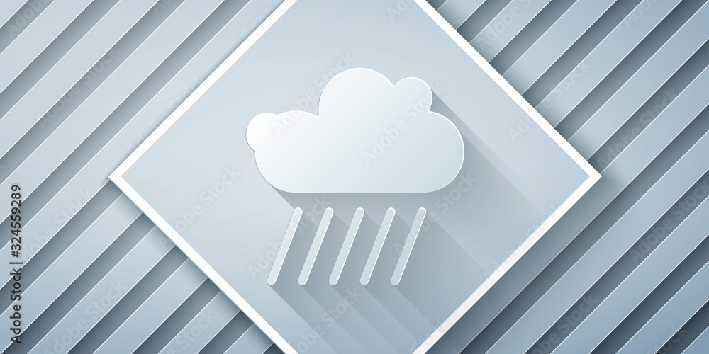 Paper cut Cloud with rain icon isolated on grey background. Rain cloud precipitation with rain drops