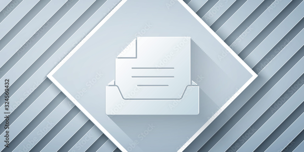 Paper cut Drawer with document icon isolated on grey background. Archive papers drawer. File Cabinet