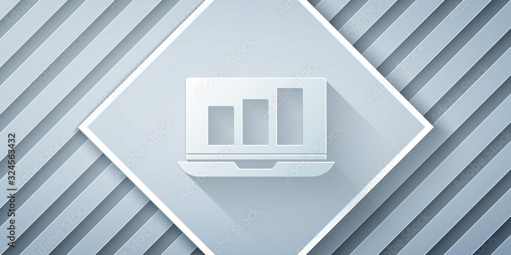 Paper cut Laptop with graph chart icon isolated on grey background. Report text file icon. Accountin