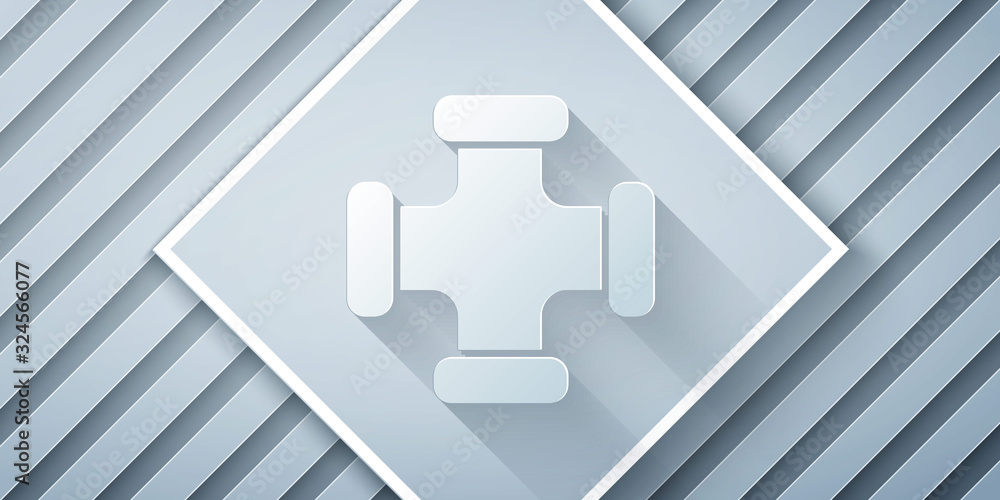 Paper cut Industry metallic pipe icon isolated on grey background. Plumbing pipeline parts of differ