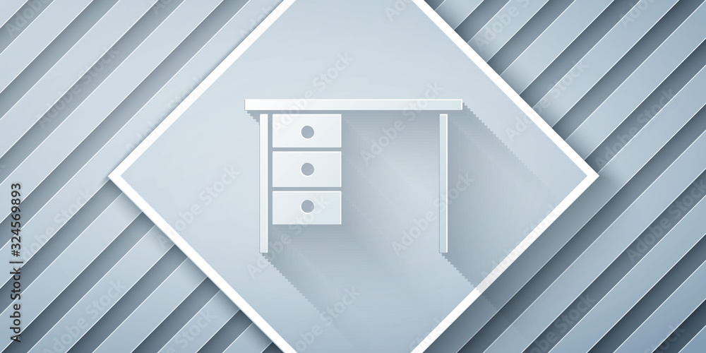 Paper cut Office desk icon isolated on grey background. Paper art style. Vector Illustration