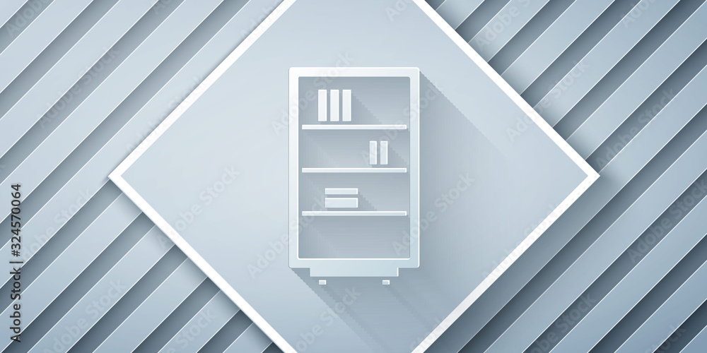 Paper cut Library bookshelf icon isolated on grey background. Paper art style. Vector Illustration