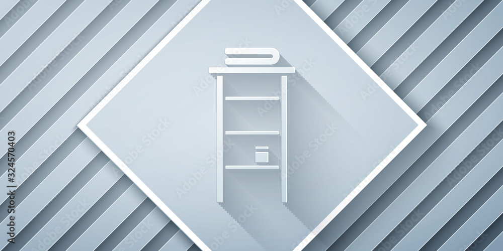 Paper cut Bathroom rack with shelves for towels icon isolated on grey background. Furniture object f