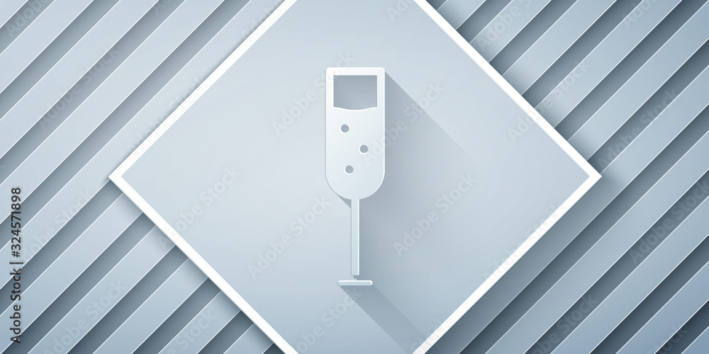 Paper cut Glass of champagne icon isolated on grey background. Paper art style. Vector Illustration