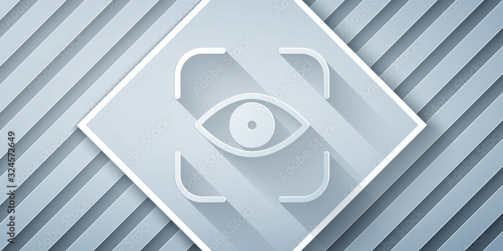 Paper cut Eye scan icon isolated on grey background. Scanning eye. Security check symbol. Cyber eye 