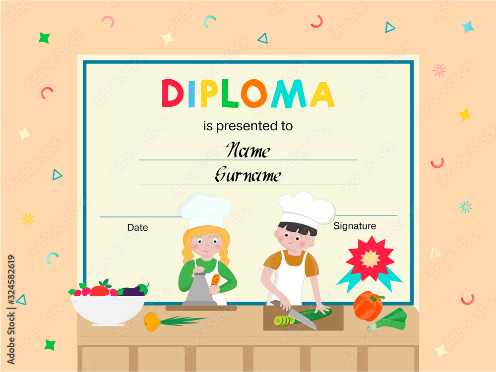 Diploma, certificate, rewarding of participants in childrens cooking courses, contests, master class