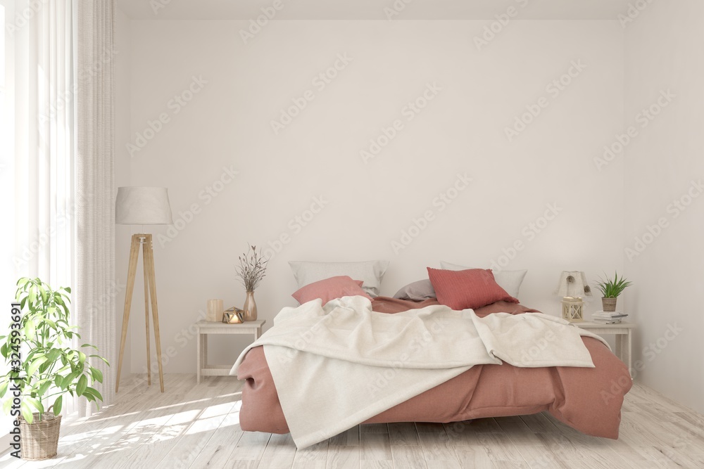 Stylish bedroom in white color. Scandinavian interior design. 3D illustration