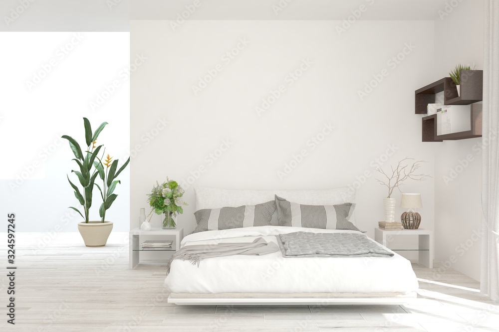 Stylish bedroom in white color. Scandinavian interior design. 3D illustration