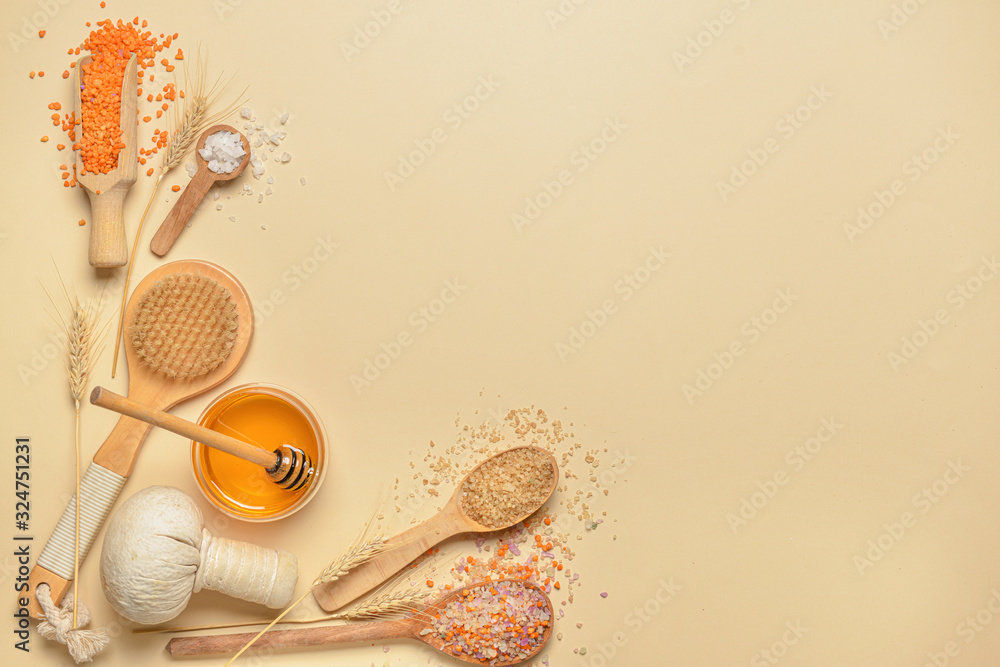 Composition with spa items and honey on color background