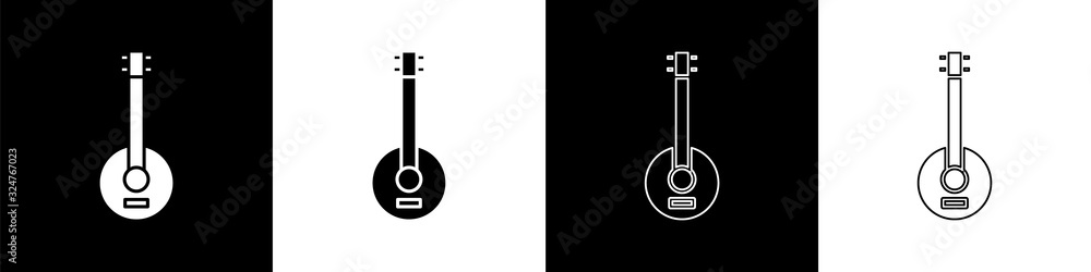 Set Banjo icon isolated on black and white background. Musical instrument. Vector Illustration