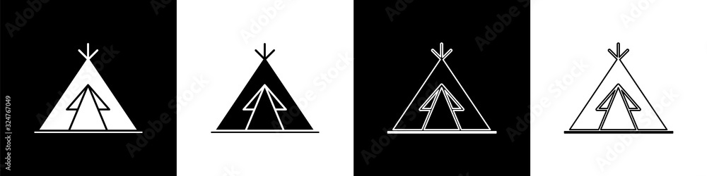 Set Traditional indian teepee or wigwam icon isolated on black and white background. Indian tent. Ve