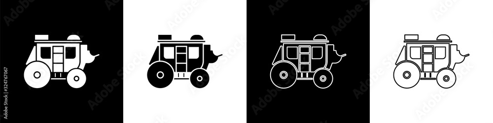 Set Western stagecoach icon isolated on black and white background. Vector Illustration