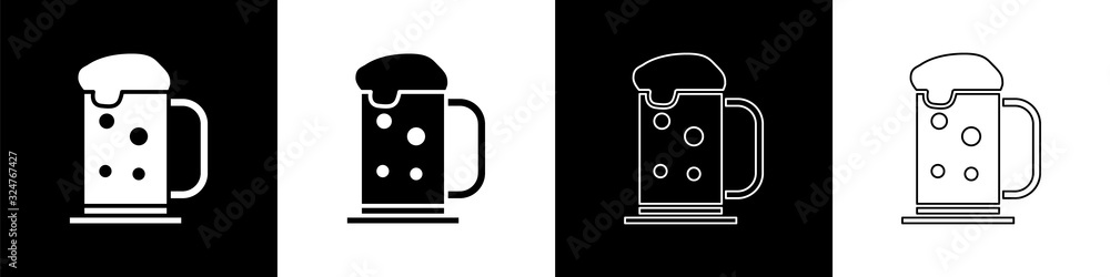 Set Wooden beer mug icon isolated on black and white background. Vector Illustration