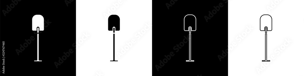 Set Shovel icon isolated on black and white background. Gardening tool. Tool for horticulture, agric