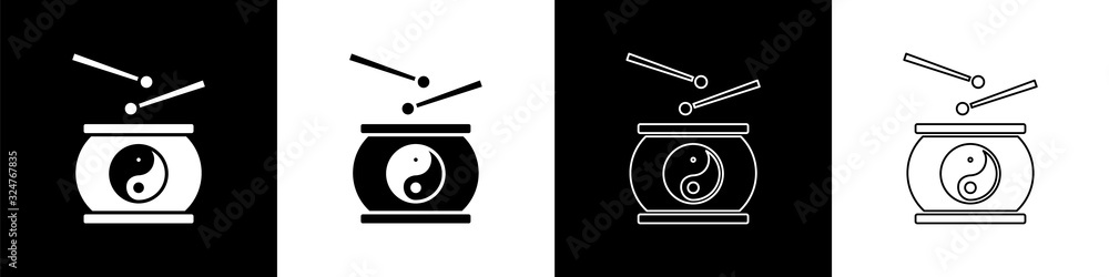 Set Chinese drum icon isolated on black and white background. Traditional asian percussion instrumen