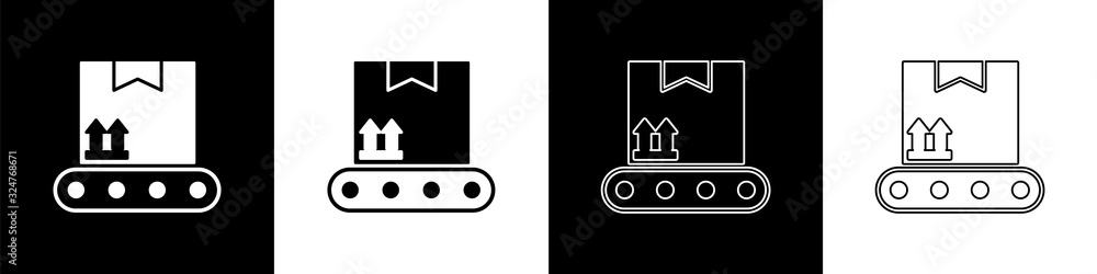 Set Conveyor belt with cardboard box icon isolated on black and white background. Vector Illustratio