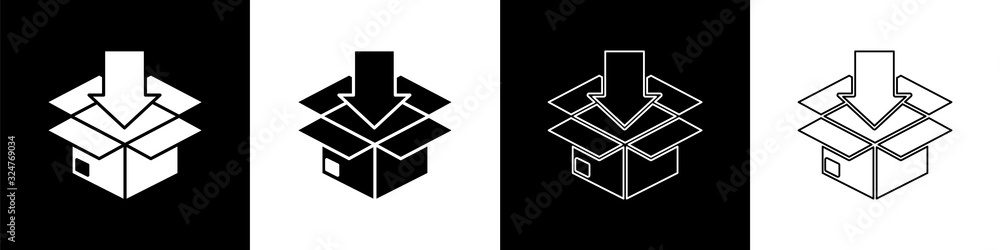 Set Cardboard box with traffic symbol icon isolated on black and white background. Box, package, par