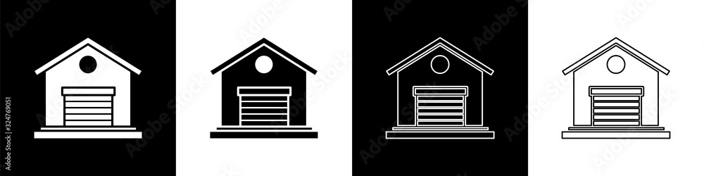 Set Warehouse icon isolated on black and white background. Vector Illustration