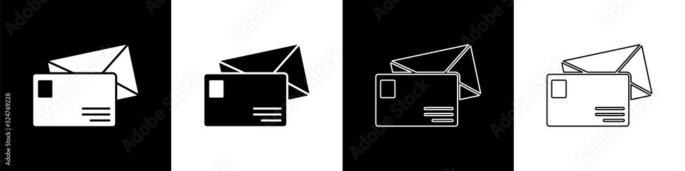 Set Envelope icon isolated on black and white background. Email message letter symbol. Vector Illust