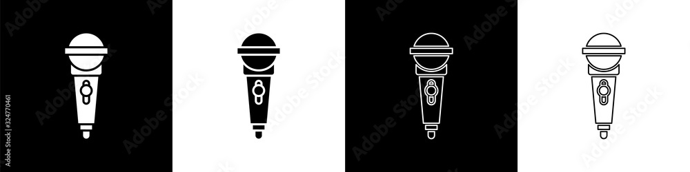 Set Microphone icon isolated on black and white background. On air radio mic microphone. Speaker sig