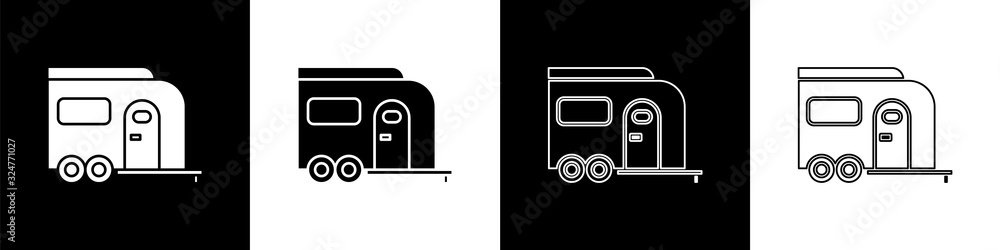 将Rv露营拖车图标隔离在黑白背景上。旅行移动房屋、房车、hom