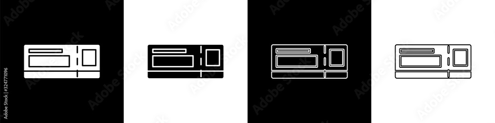 将旅行票图标隔离在黑白背景上。火车、轮船、飞机、电车、公共汽车运输