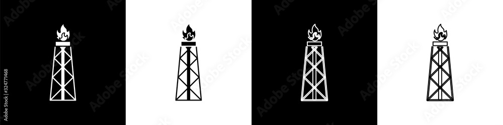设置石油钻机，消防图标隔离在黑白背景上。天然气塔。工业物体。Vec