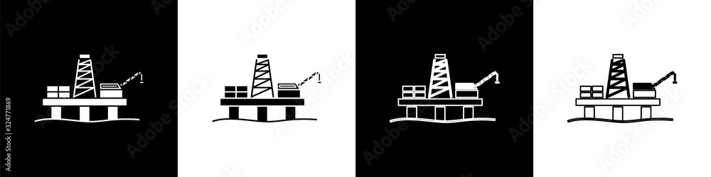 Set Oil platform in the sea icon isolated on black and white background. Drilling rig at sea. Oil pl