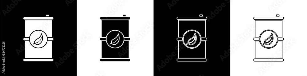 将生物燃料桶图标隔离在黑白背景上。环保生物和碳罐。绿色环境