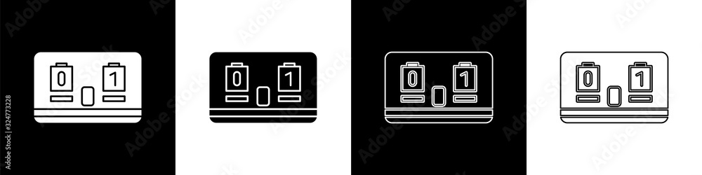 设置运动冰球机械记分板和结果显示图标，隔离在黑白背景上