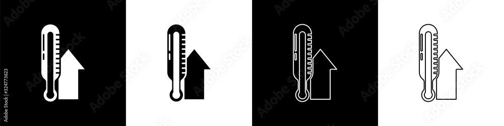 设置隔离在黑白背景上的气象温度计测量图标。配备温度计