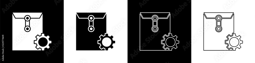 将信封设置图标隔离在黑白背景上。矢量插图