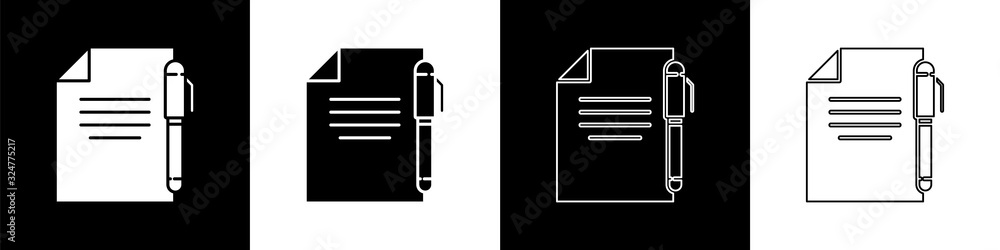 将文档和笔图标隔离在黑白背景上。文件图标。清单图标。总线