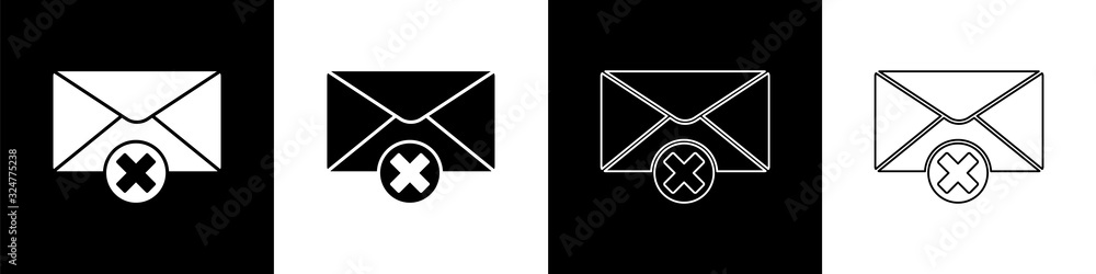 Set Delete envelope icon isolated on black and white background. Delete or error letter. Cross on me