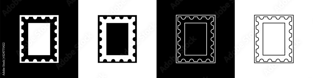 Set Postal stamp icon isolated on black and white background. Vector Illustration