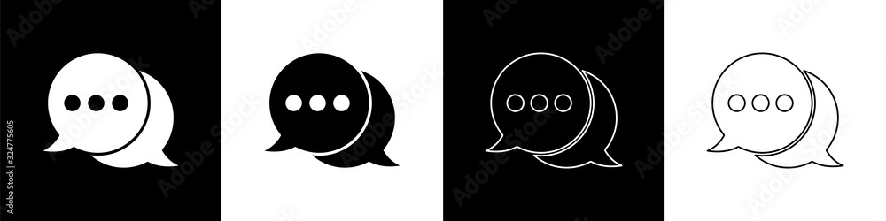 Set Speech bubble chat icon isolated on black and white background. Message icon. Communication or c