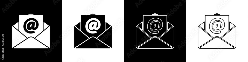 Set Mail and e-mail icon isolated on black and white background. Envelope symbol e-mail. Email messa