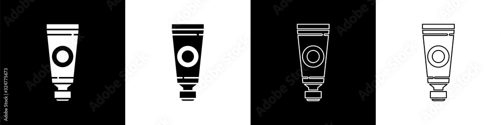 Set Tube with paint palette icon isolated on black and white background. Vector Illustration